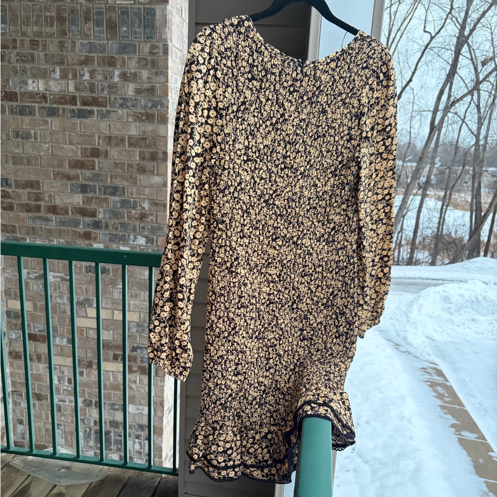 Lost+Wander Black Golden Floral Smocked Mini Dress Long Sleeve Rufflehem Sizem — image 5 of 8